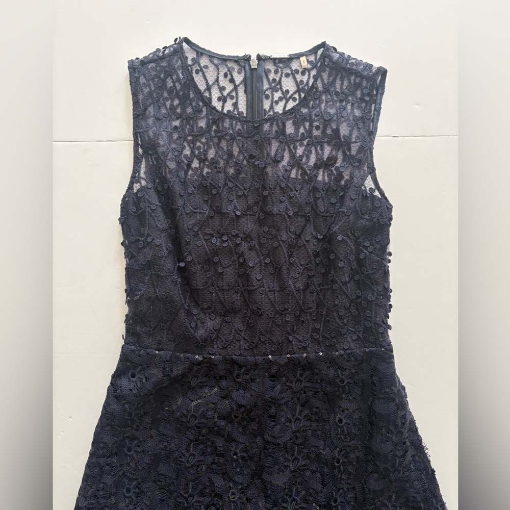 Elie Tahari Annabelle Feather-Trimmed Embellished Gauze Dress Navy Blue 0 - Picture 6 of 9